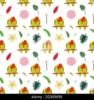 Seamless pattern with parrots lovebirds, tropical leaves and flowers. Cute baby print for fabric and textile. Stock Vector
