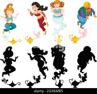 Different of genie girl magic lantern or aladdin lamp in color and silhouette isolated on white background Stock Vector