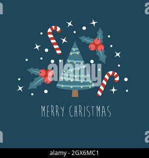 Postcard Merry Christmas. Christmas tree, holly and candy with snow. Decorative elements for design Stock Vector
