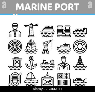 Marine Port Transport Collection Icons Set Vector Stock Vector