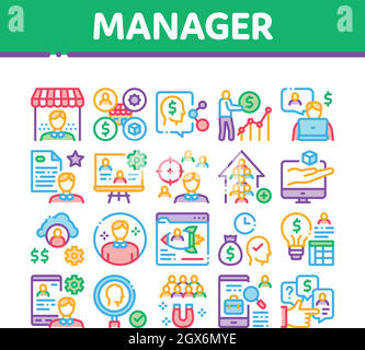 Executive linear icons set. Leadership, Management, Strategy, Decision ...