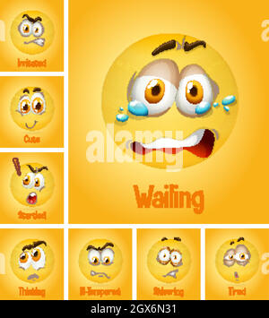 Set of different emotion yellow faces with tired text on yellow background Stock Vector