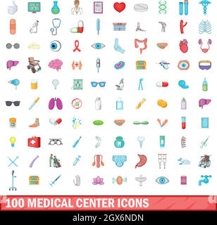 100 medical center icons set, cartoon style Stock Vector