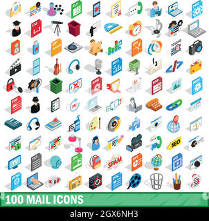 100 mail icons set, isometric 3d style Stock Vector