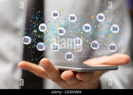 Hologram of interconnected digital files - cloud storage concept Stock Photo