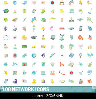 100 network icons set, cartoon style Stock Vector