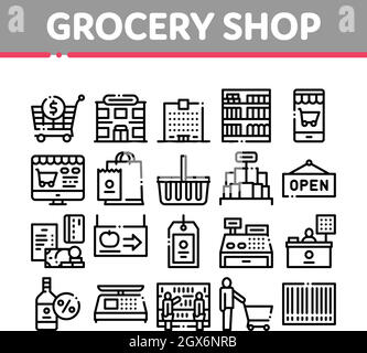 Grocery Shop Shopping Collection Icons Set Vector Stock Vector