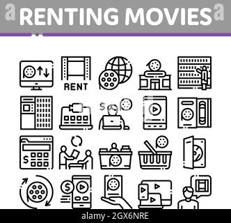 Renting Movies Service Collection Icons Set Vector Stock Vector