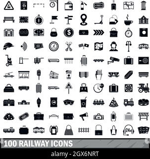 100 railway icons set, simple style Stock Vector