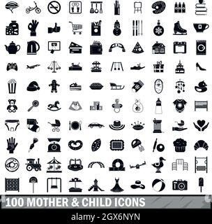 100 mother and child icons set, simple style Stock Vector