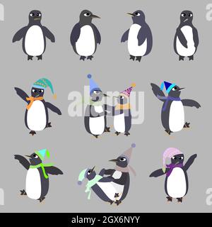 set penguins on skates and in hats Stock Vector