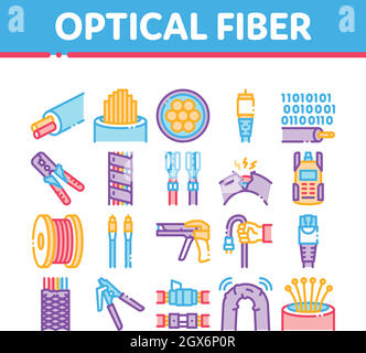 Optical Fiber Cable Collection Icons Set Vector Stock Vector