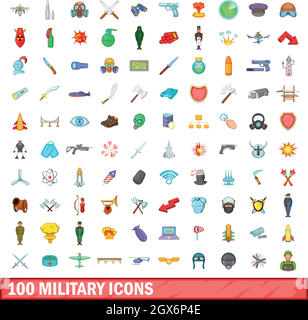 100 military icons set, cartoon style Stock Vector