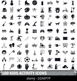 100 kids activity icons set, simple style Stock Vector