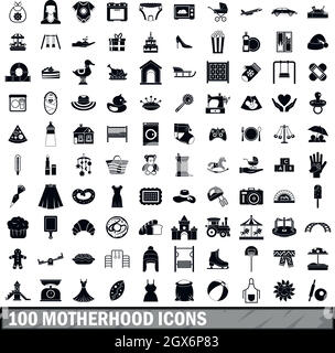 100 motherhood icons set, simple style Stock Vector