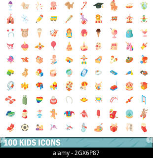 100 kids icons set, cartoon style Stock Vector