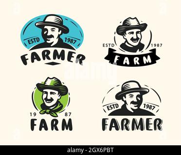 Farmer portrait, organic products logo. Agriculture, farm symbol. Vector illustration Stock Vector
