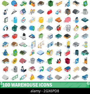 100 warehouse icons set, isometric 3d style Stock Vector