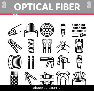 Optical Fiber Cable Collection Icons Set Vector Stock Vector