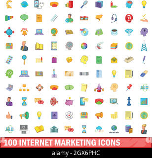 100 internet marketing icons set, cartoon style Stock Vector