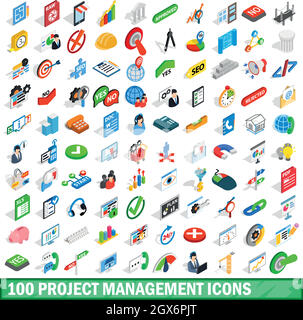 100 project management icons set, isometric style Stock Vector