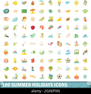 100 summer holidays icons set, cartoon style Stock Vector