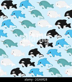 Aquatic Mammal pattern with childish cartoon shape, beluga, dolphin, killer whale, narwhal Stock Vector
