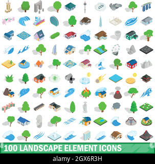 100 landscape element icons set, isometric style Stock Vector