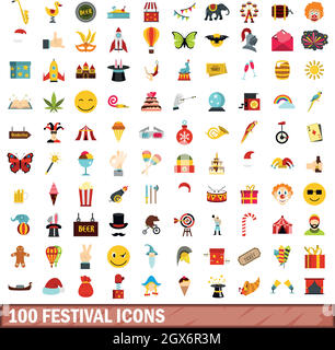 100 festival icons set, flat style Stock Vector