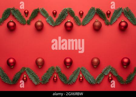 Christmas ornament on a red background with copy space, Flat lay, top view and copy space for text Stock Photo