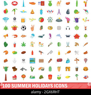 100 summer holidays icons set, cartoon style Stock Vector