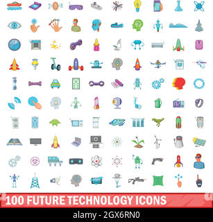 100 future technology icons set, cartoon style Stock Vector