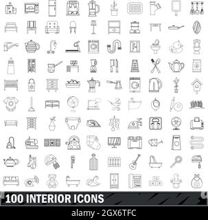 100 interior icons set, outline style Stock Vector