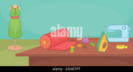 Tailor horizontal banner table, cartoon style Stock Vector