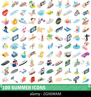 100 summer icons set, isometric 3d style Stock Vector