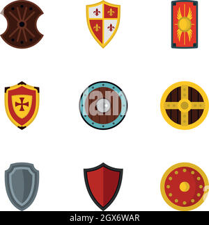 Various knight shield icons set, flat style Stock Vector