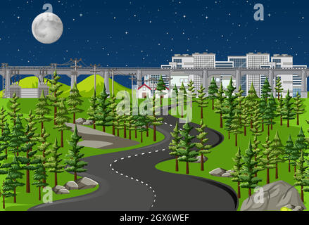 Long road in nature landscape at night scene Stock Vector