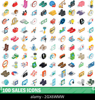 100 sales icons set, isometric 3d style Stock Vector