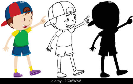 Cute boy wearing cap in colour and outline and silhouette Stock Vector