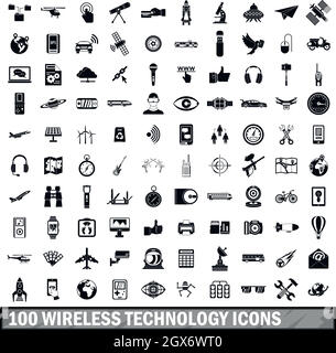 100 wireless technology icons set, simple style Stock Vector