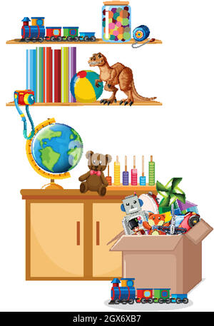 Shelf and box full of toys on white background Stock Vector