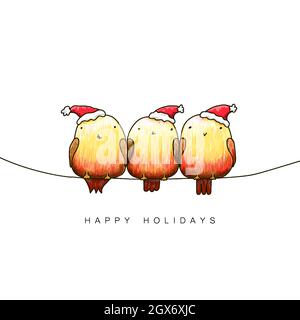 Watercolor Christmas card with red billfinchs. Hand painted winter robin birds isolated on white background. Holiday symbol for design. Stock Vector