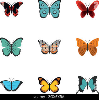 Exotic butterflies icons set, flat style Stock Vector