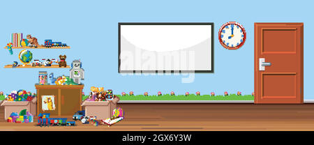 Background scene with whiteboard and toys Stock Vector