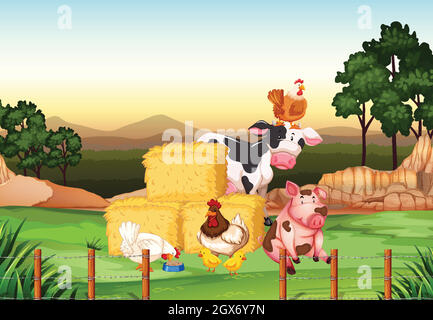 Farm scene with many animals on the farm illustration Stock Vector ...