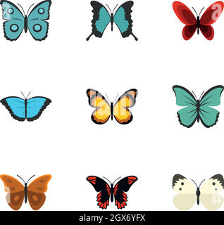 Brightly colored butterfly icons set, flat style Stock Vector