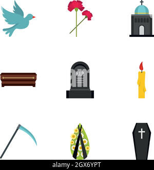 Cemetery icons set, flat style Stock Vector