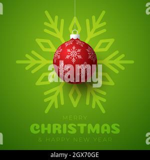 Merry christmas and happy new year banner. Vector illustration card with red christmas tree ball on luxury snowflake green background with modern lett Stock Vector