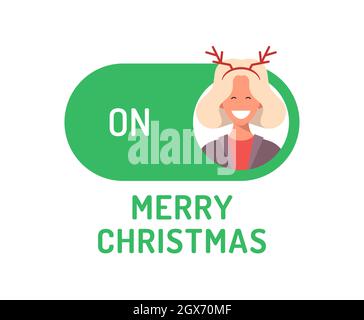 Greeting Christmas Card. Creative Merry christmas or new year concept mode switch toggle. Slider button on xmas Flat vector illustration with characte Stock Vector