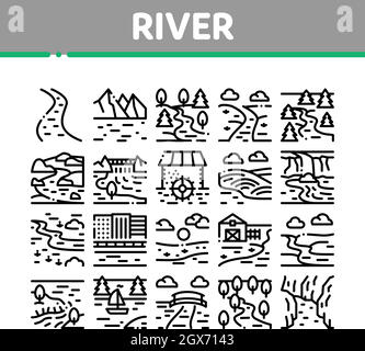 River Landscape Collection Icons Set Vector Stock Vector